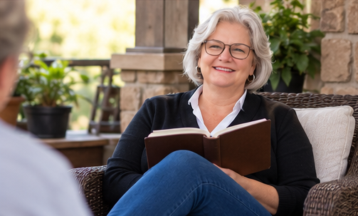 Lisa sitting on a porch with an open notebook in her lap